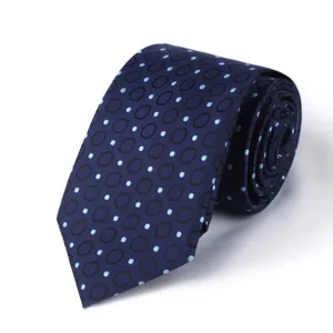 Classic men's navy blue tie featuring stylish polka dot and circle geometric patterns.