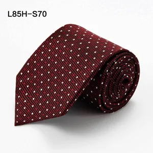 Men's silk necktie featuring a classic red and black striped pattern with white dots for formal use.