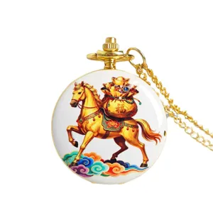 Golden horse pocket watch necklace quartz watch with auspicious lucky motif pendant for gift wholesale
