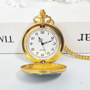 Vintage gold pocket watch with chain, quartz movement and white dial, classic design gift.
