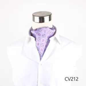 Classica cravatta ascot in seta viola da uomo, elegante motivo floreale geometrico, liscia.