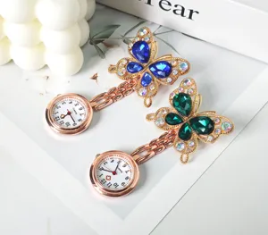 Fashion crystal butterfly nurse watch with rhinestone, elegant gold pocket watch for medical.