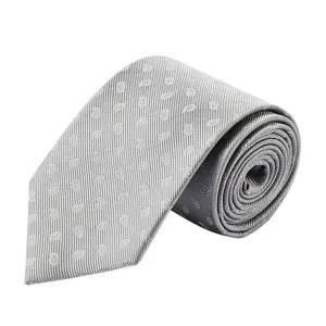 Classic grey silk necktie for men, elegant business formal paisley patterned tie accessory.