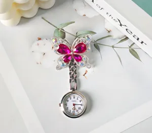 Crystal butterfly nurse watch, silver tone metal with pink rhinestones, quartz fob watch.