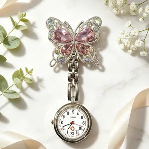 Elegant crystal butterfly nurse fob watch with pink rhinestones, silver-tone quartz pocket watch.