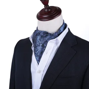 Men's silk feel paisley ascot tie neckerchief for business suit formal dress wear blue