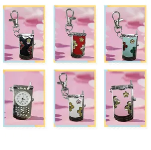 Retro flip phone shape quartz keychain watch pocket watch with floral pattern pendant bag charm