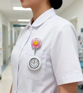 Cute smiley flower nurse watch with silicone retractable badge reel for medical staff.