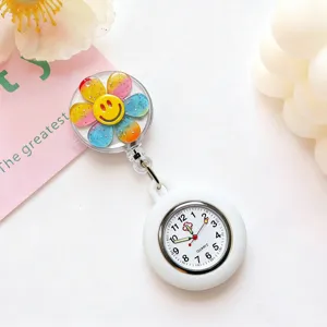 Cute silicone nurse watch with colorful flower smiley face, retractable design for medical use.