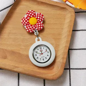 Cute red checkered flower nurse pocket watch with silicone retractable clip for medical use