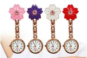 Colorful cherry blossom nurse fob watch quartz pocket watch with rose gold chain and white dial.