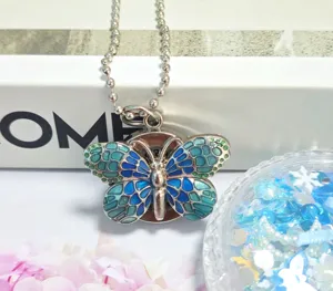 Gradient colorful butterfly pocket watch vintage necklace pendant quartz timepiece.