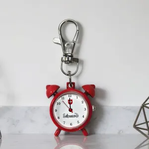 Red alarm clock keychain watch pendant portable mini cute quartz pocket watch detail view