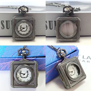 Vintage square pocket watch with necklace chain, retro antique quartz pendant clock for unisex.