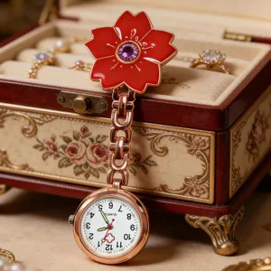 Red cherry blossom nurse pocket watch with quartz movement and rose gold chain accessory.