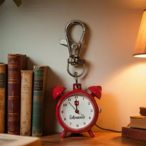 Red alarm clock keychain detail, cute miniature quartz pocket watch with vintage style and dial.