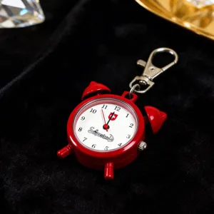 Red mini alarm clock keychain pocket watch featuring a clear white dial and quartz movement.