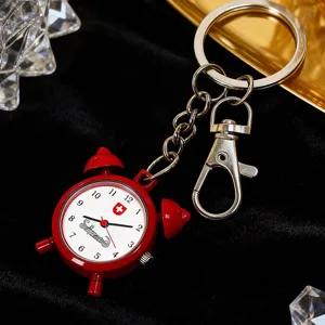 Mini red alarm clock keychain quartz watch with metal keyring, cute student portable gift pendant.