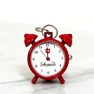 Cute red mini alarm clock pendant quartz watch keychain, portable student compact pocket watch.