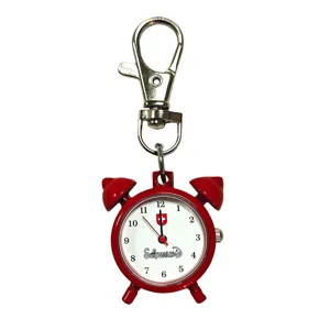 Cute red alarm clock keychain watch, portable quartz pocket watch with sturdy clasp.
