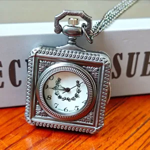 Vintage square pocket watch with necklace chain, antique silver quartz pocket watch for daily wear