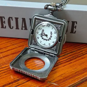 Vintage square quartz pocket watch with chain, hollow flip cover classic timepiece.