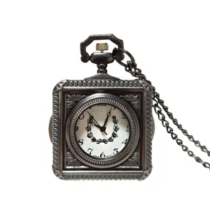 Vintage square pocket watch with chain, black metal quartz timepiece for men and women retro.