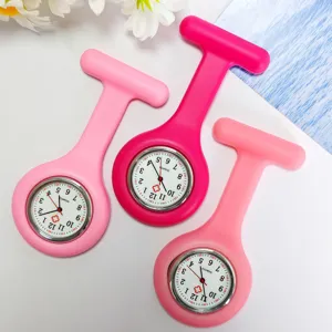 Silicone nurse watch detail showcasing pink color options and clear quartz dial design.