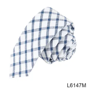 Men's blue and white plaid cotton skinny necktie, stylish plaid design, perfect for daily wear.