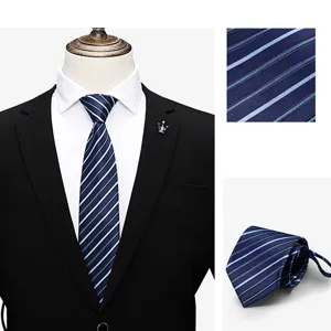 Men's business striped necktie close-up view, pre-tied zipper design, professional blue tie.
