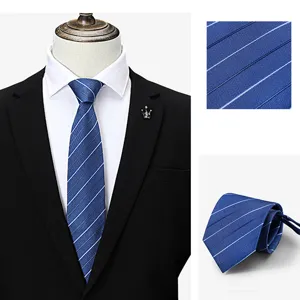 Blue striped men's business tie with black suit display, professional necktie style.