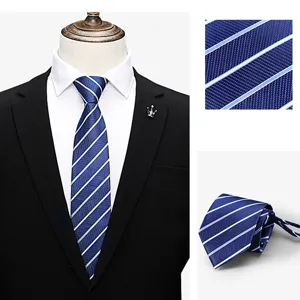 Blue striped men's necktie detail, business professional slim zipper tie for work.