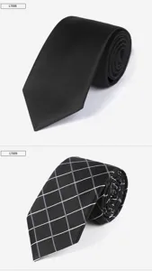 Herren Business Krawatte Detailansicht in einfarbig schwarz und kariertem Polyester.