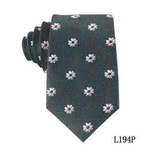Dark green men necktie with white daisy floral and red dot pattern for business and daily wear.
