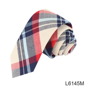 Men's college style narrow plaid cotton necktie, classic printed stripe design main view.