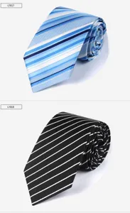 Detailansicht der gestreiften Herrenkrawatte aus Polyester, blaue und schwarze Optionen.