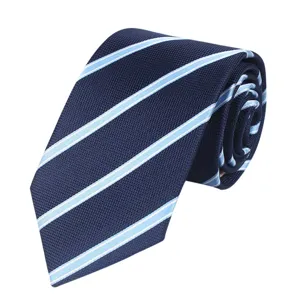 Herren 7cm Business gestreifte Krawatte in Dunkelblau, klassischer Polyester Anzugbinder.