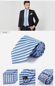 Close-up detail of blue and white striped silk tie, showcasing fine fabric texture and neat label.