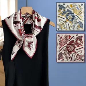 Chinese style printed silk square scarf with fan floral print, elegant wrap for qipao.