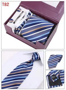 Luxury men's business striped necktie set with cufflinks handkerchief tie clip gift box.