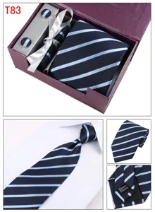 Men formal business navy blue striped silk tie cufflink pocket square gift box set