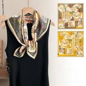 Silk square scarf with traditional Asian art print, elegant vintage floral wrap shawl for women.