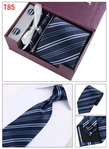 Men's business striped tie set with cufflinks and pocket square in a luxury gift box.