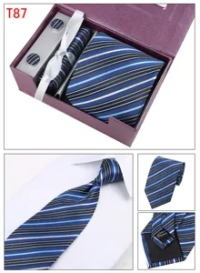 Men business striped tie set with pocket square and cufflinks box matching gift formal wear.