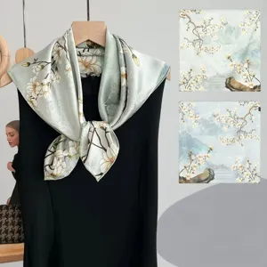 Chinese style printed silk square scarf elegant floral neckerchief luxury shawl wrap