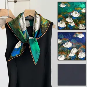 Detailed view of Chinese style printed silk scarf with lotus pattern, elegant fabric texture.
