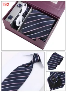 Men's navy blue striped business tie set with matching cufflinks and pocket square in gift box