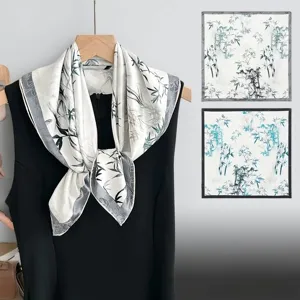 Chinese style silk square scarf bamboo print elegant neckerchief for women retro apparel accessory