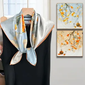 Chinese style printed mulberry silk square scarf with elegant persimmon fruit pattern.