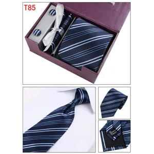 Men's Navy Blue Striped Tie Cufflinks Pocket Square Gift Set Business Formal Wear